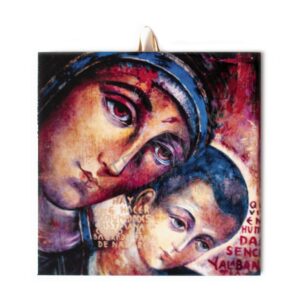 Ceramic tile featuring a religious icon of the Virgin Mary with the Child Jesus, painted in rich tones of red, blue, and gold.