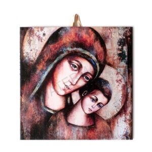 Ceramic tile with religious icon of the Virgin Mary and Child Jesus, painted in warm earthy tones with traditional Christian style.