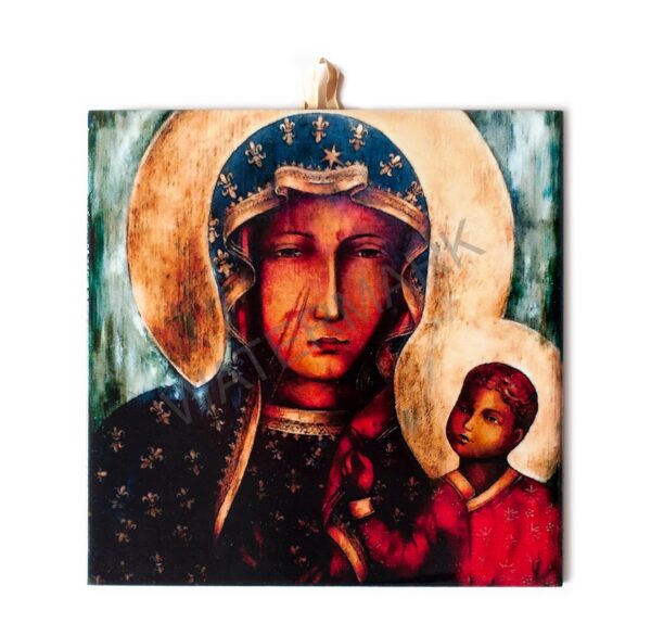 Hand-painted icon of the Black Madonna of Częstochowa with the Christ Child, featuring golden halos and dark, rich tones.