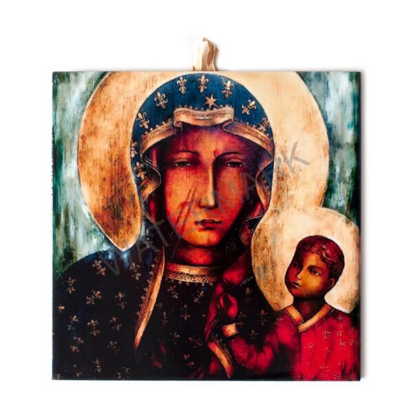 Hand-painted icon of the Black Madonna of Częstochowa with the Christ Child, featuring golden halos and dark, rich tones.