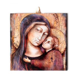 Ceramic tile painting of the Virgin Mary with Child Jesus in warm tones, with cork backing for safe wall hanging.