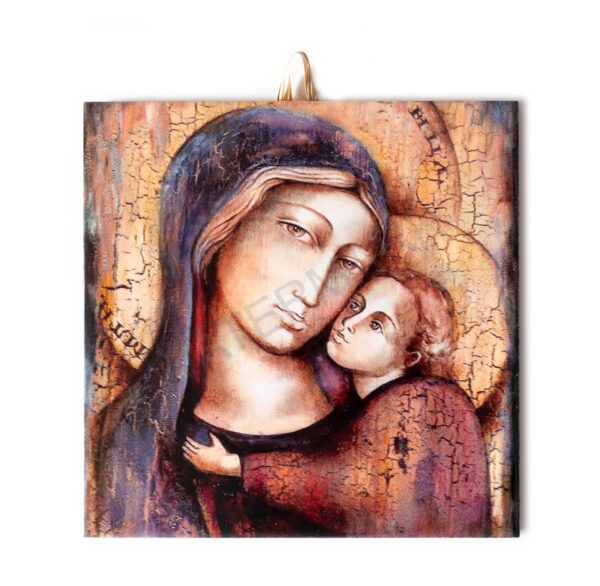 Ceramic tile painting of the Virgin Mary with Child Jesus in warm tones, with cork backing for safe wall hanging.