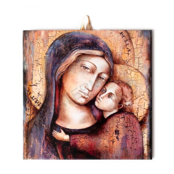 Ceramic tile painting of the Virgin Mary with Child Jesus in warm tones, with cork backing for safe wall hanging.