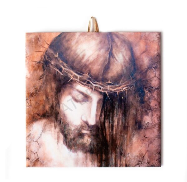 Ceramic tile with Christ wearing the Crown of Thorns. Cork backing with built-in hook for safe hanging or display on a stand.