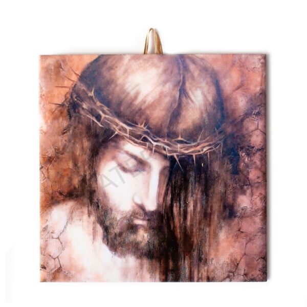 Ceramic tile with Christ wearing the Crown of Thorns. Cork backing with built-in hook for safe hanging or display on a stand.