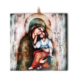Hand-painted Byzantine-style icon of Virgin Mary holding the Child Jesus, with golden halos and Greek inscriptions.