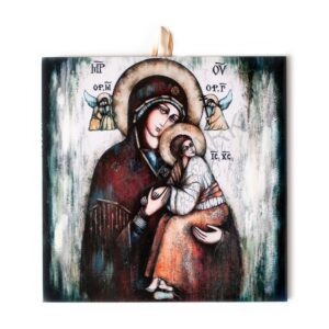 Ceramic tile with a Christian icon of the Virgin Mary holding the Child Jesus, with golden halos and angelic figures in the background.