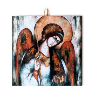 Hand-painted wooden icon of Archangel Michael in Byzantine style, holding a staff and adorned with a golden halo and red wings.