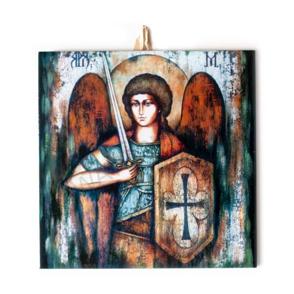 Ceramic tile painting of Archangel Michael with sword and shield, featuring rich colors and a cork backing for safe wall hanging.