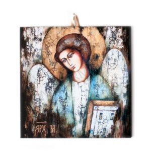 Hand-painted wooden icon of Archangel Michael in Byzantine style, holding a staff and adorned with a golden halo and red wings.