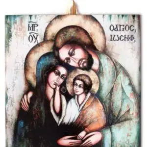 Hand-painted Byzantine-style icon of the Holy Family, featuring Jesus, Mary, and Joseph with halos and Greek inscription