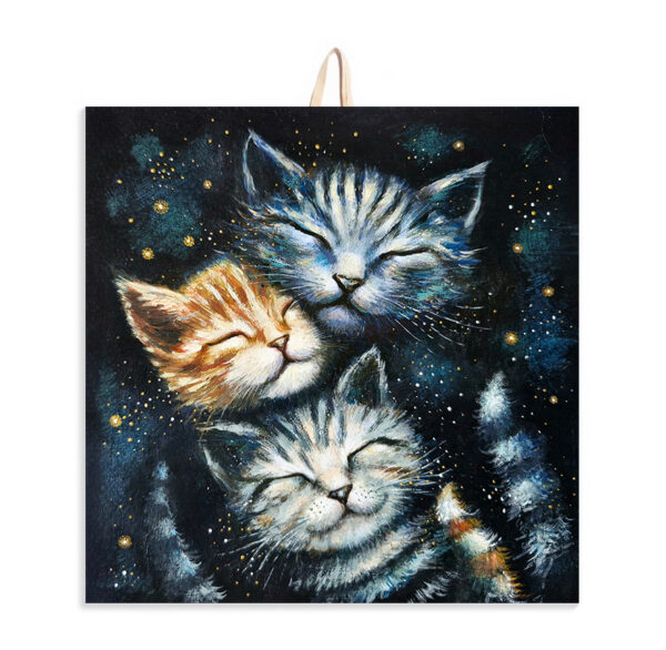 Ceramic tile painting of three kittens peacefully sleeping against a starlit background, with cork backing for safe wall hanging.