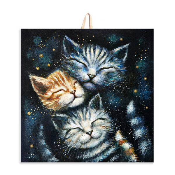 Ceramic tile painting of three kittens peacefully sleeping against a starlit background, with cork backing for safe wall hanging.