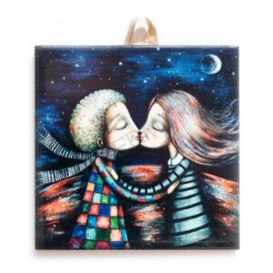 Ceramic tile featuring a romantic couple sharing a kiss at night under a starry sky with a crescent moon, wearing colorful patterned clothing.