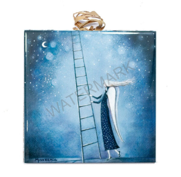 Ceramic tile showing an angel in a navy gown climbing a ladder to the moon under a starry night sky.