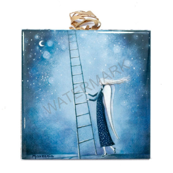 Ceramic tile showing an angel in a navy gown climbing a ladder to the moon under a starry night sky.