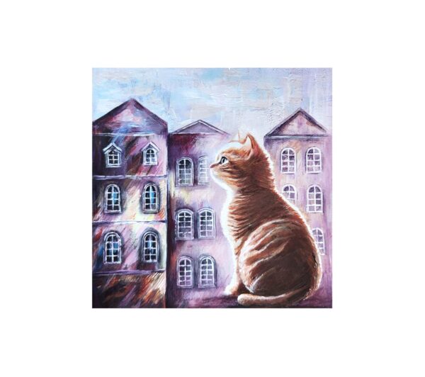Magnet showing a ginger cat sitting and gazing at pastel-colored buildings with many windows.
