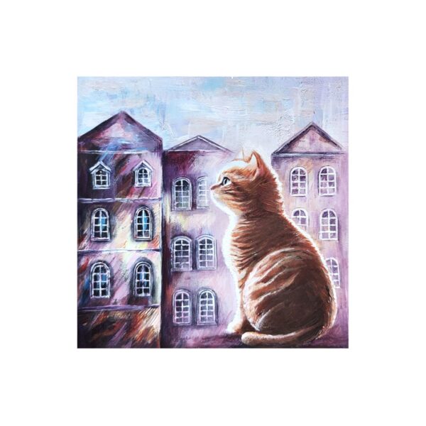 Magnet showing a ginger cat sitting and gazing at pastel-colored buildings with many windows.