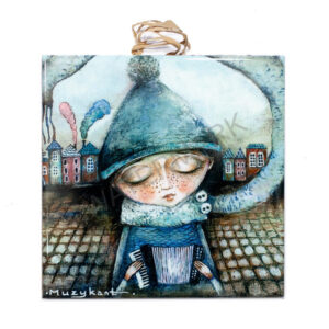 Ceramic tile artwork of a child in winter clothing playing the accordion with closed eyes, set against a whimsical city background.
