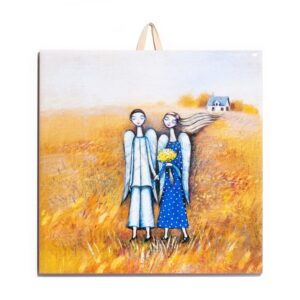Ceramic tile artwork of two angels in a golden field, one holding yellow flowers, with a cottage in the background.