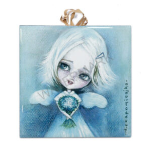 Ceramic tile featuring a whimsical angel girl in a blue dress holding forget-me-not flowers against a dreamy blue background.