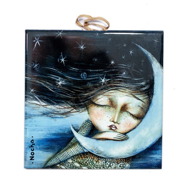 Ceramic tile with dreamy illustration of a girl resting on a crescent moon with flowing hair among stars in a night sky.