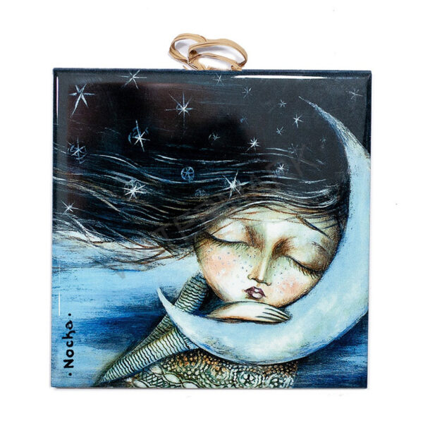 Ceramic tile with dreamy illustration of a girl resting on a crescent moon with flowing hair among stars in a night sky.