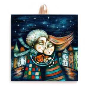 Ceramic tile depicting a couple hugging under a starry night sky while holding a dog and a cat, with colorful houses in the background.