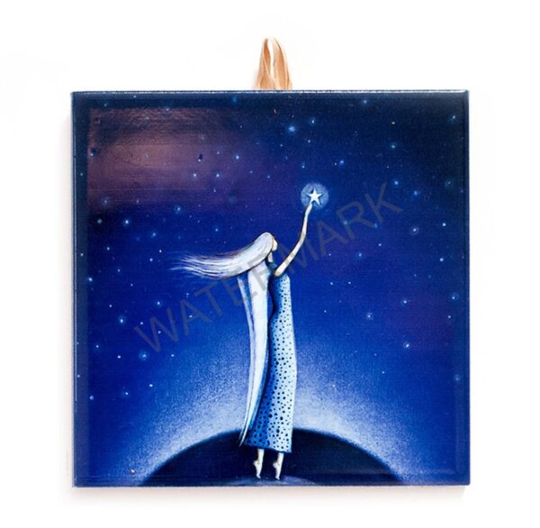 Ceramic tile showing a girl in a blue dress with long hair reaching toward a glowing star in a deep blue night sky.