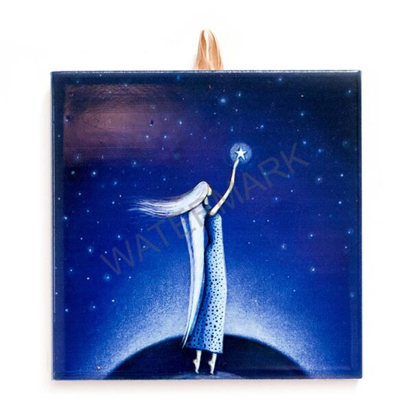 Ceramic tile showing a girl in a blue dress with long hair reaching toward a glowing star in a deep blue night sky.