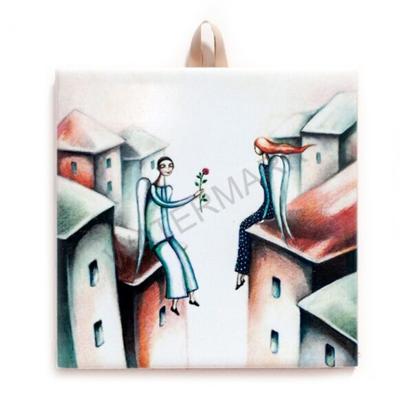 Ceramic tile with whimsical artwork of two angels on rooftops, one holding a rose and offering it to the other, in soft pastel colors.