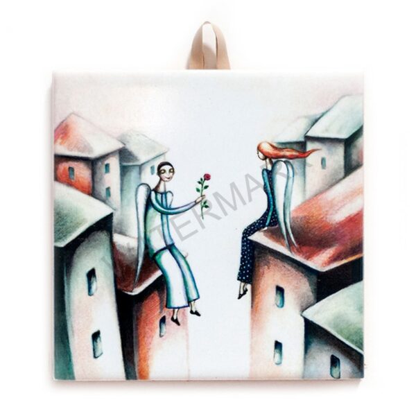 Ceramic tile with whimsical artwork of two angels on rooftops, one holding a rose and offering it to the other, in soft pastel colors.