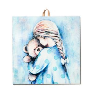 Ceramic tile painting of a girl with braided hair holding a teddy bear, in soft pastel blue tones, with cork backing for safe wall hanging.