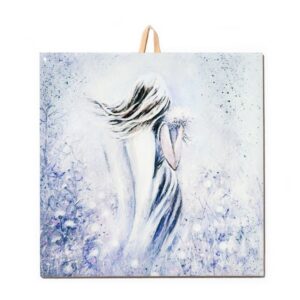 Ceramic tile featuring a delicate angel in white, holding a bouquet, standing in a misty lavender-toned field with flowing hair.