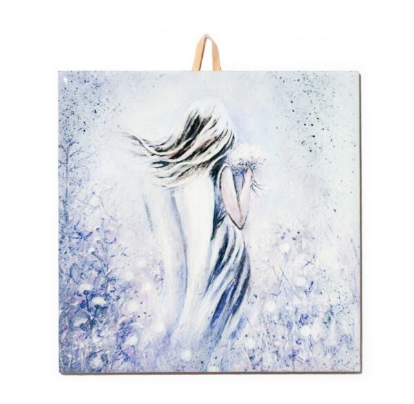 Ceramic tile featuring a delicate angel in white, holding a bouquet, standing in a misty lavender-toned field with flowing hair.
