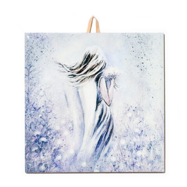 Ceramic tile featuring a delicate angel in white, holding a bouquet, standing in a misty lavender-toned field with flowing hair.