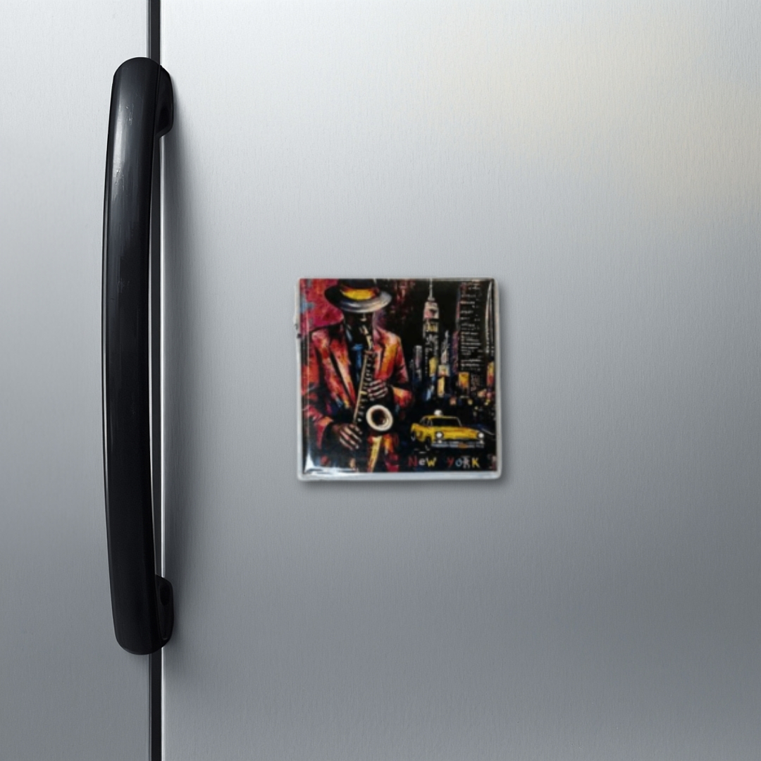 New York city jazz magnet on stainless steel fridge, sax player artwork with skyline and cab, compact 2.5 inch decorative fridge magnet