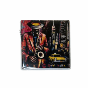 2.5 inch New York jazz magnet with saxophonist, city skyline, and yellow taxi at night