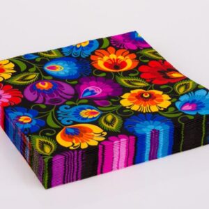 Stack of colorful floral patterned paper napkins with bright multicolor flowers on a black background