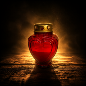 Red heart-shaped glass memorial candle with a lit flame and gold vented lid displayed on a wooden table beside white lilies.